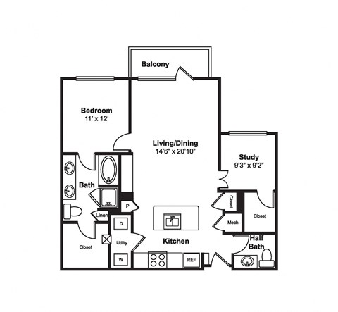 Floor plan for 1 bed, 1.5 baths, 1063 sqft